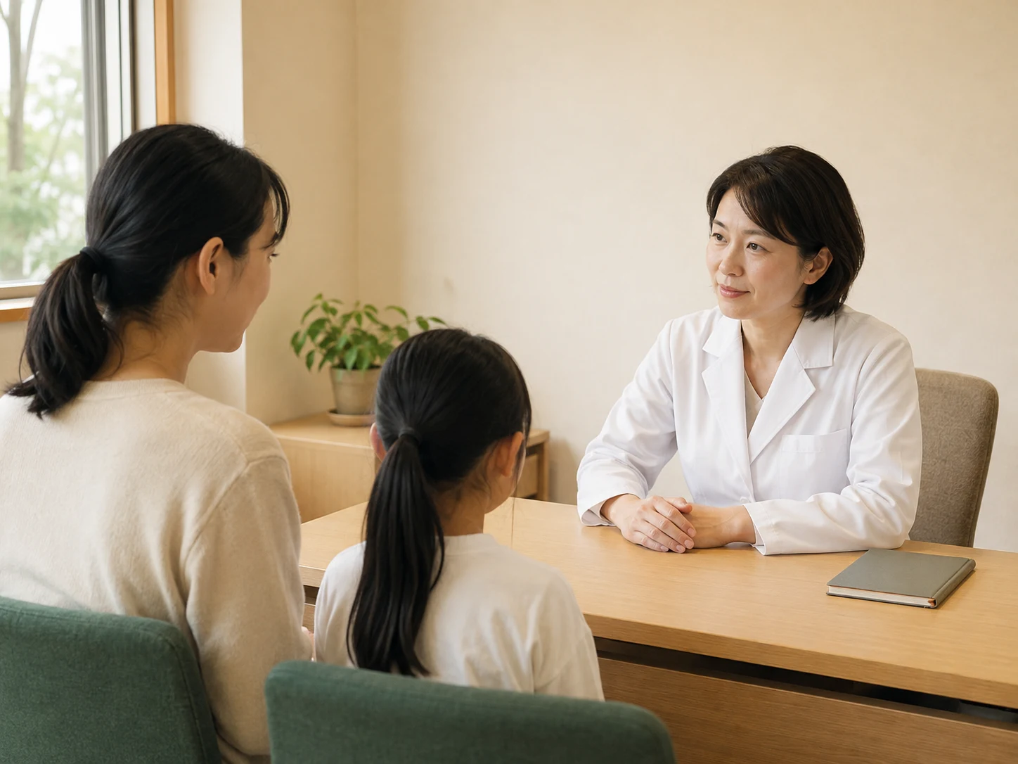 医師が保護者と子どもの話を落ち着いて聞く診察室のイメージ