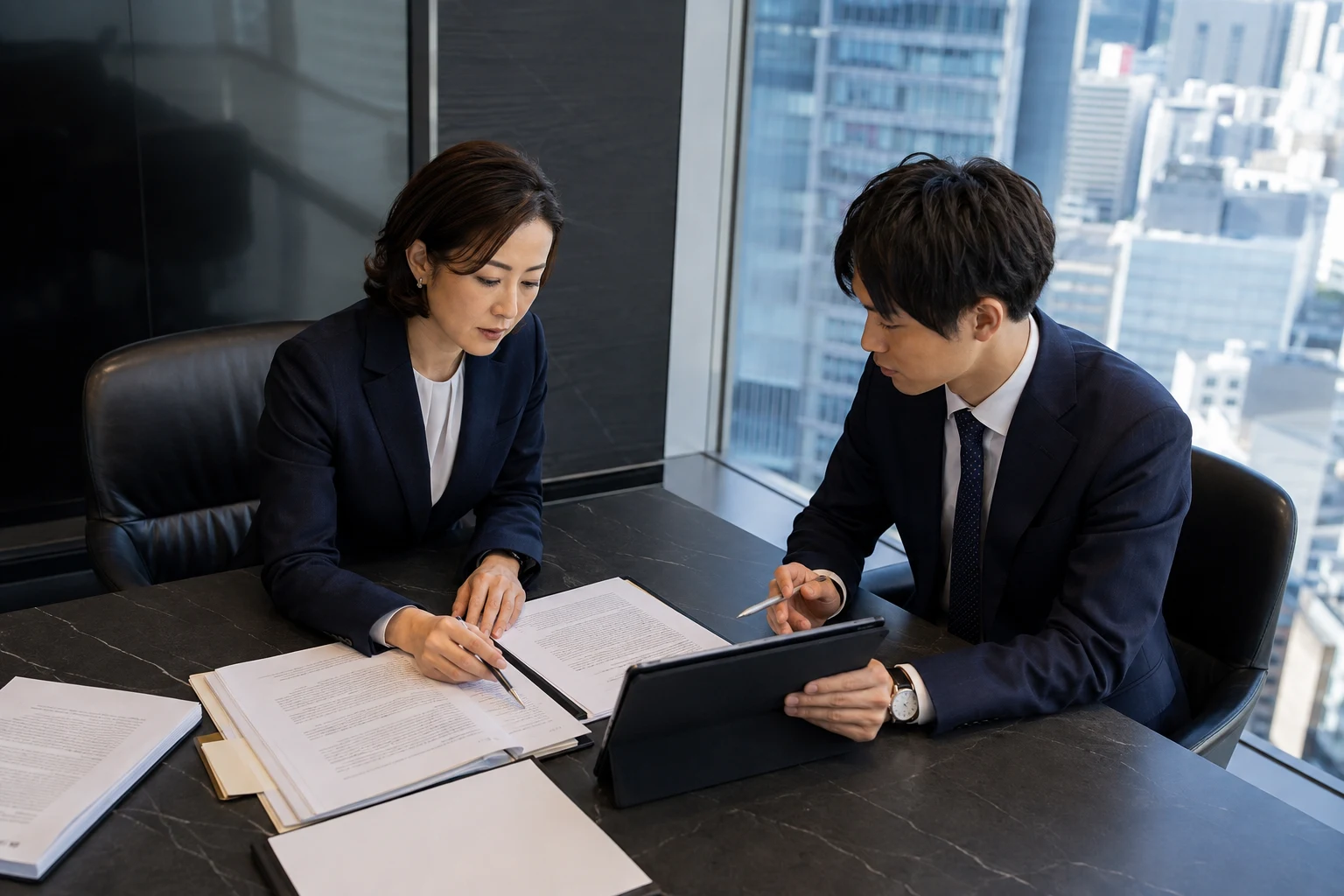 契約書とタブレットを精査する弁護士