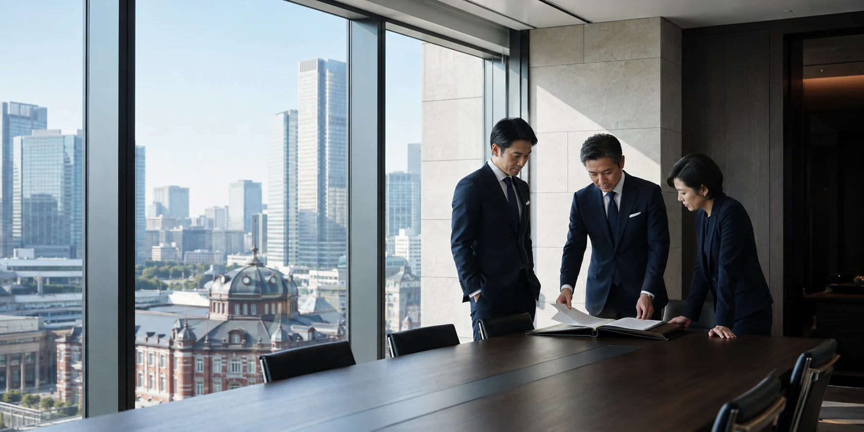 丸の内の街並みを望む会議室で資料を精査する弁護士チーム